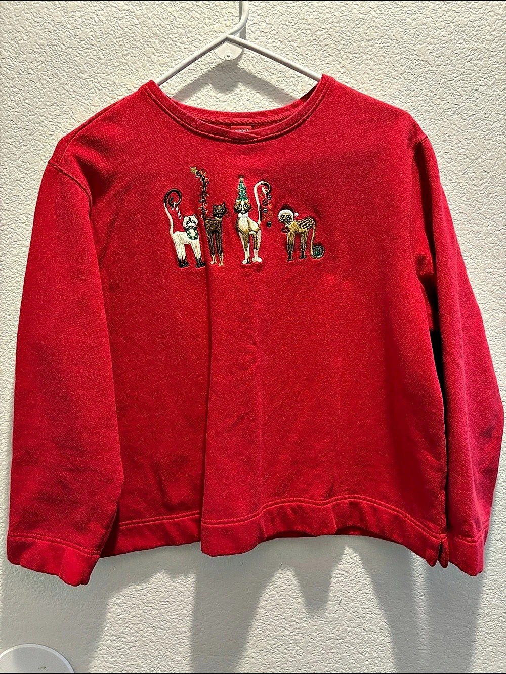 Merry & Bright Embroidered Cat Sweatshirt in Red XL